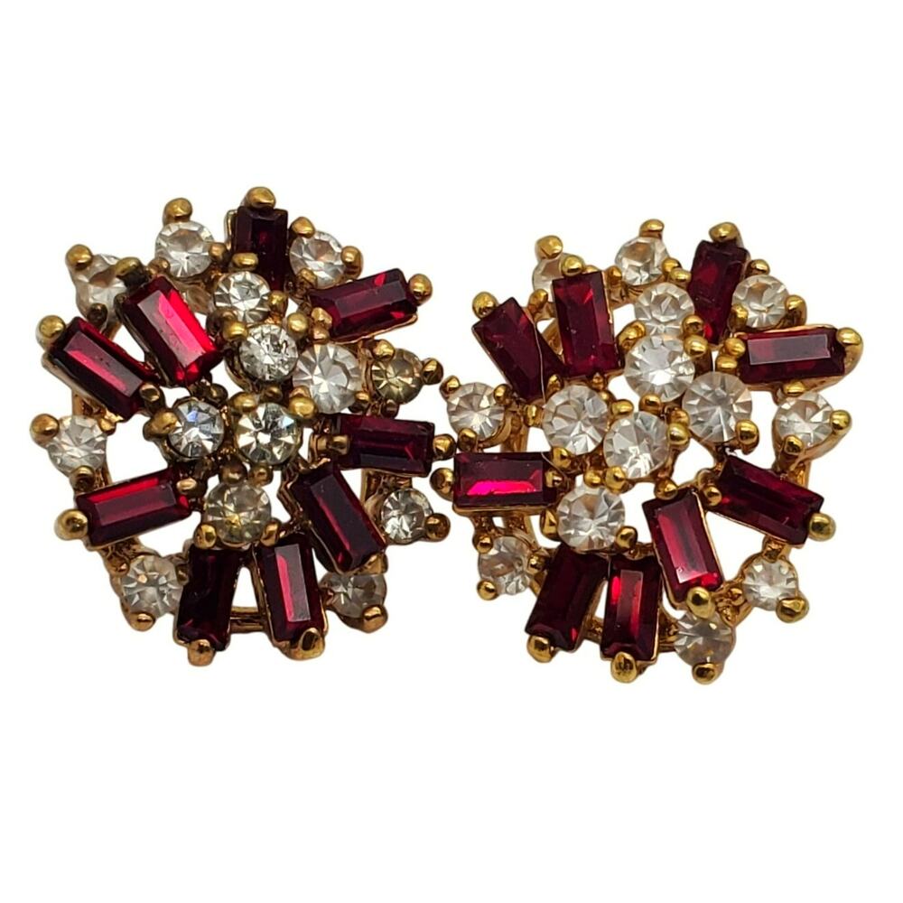 1980s Red Crystal Earrings Baguette Clear Rhinestone Post Cluster Pierced Posts